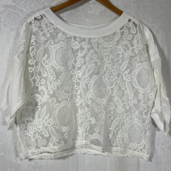 White Lace Crop Top Medium Roll Tab Sleeve - Picture 1 of 12